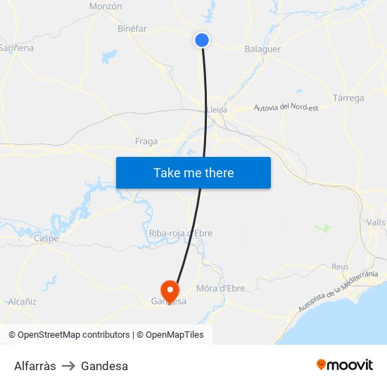 Alfarràs to Gandesa map