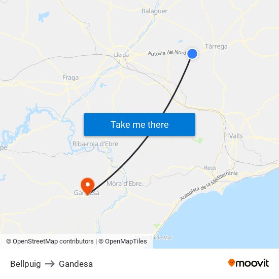Bellpuig to Gandesa map