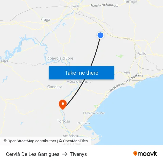 Cervià De Les Garrigues to Tivenys map
