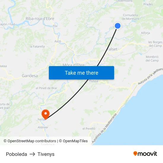 Poboleda to Tivenys map