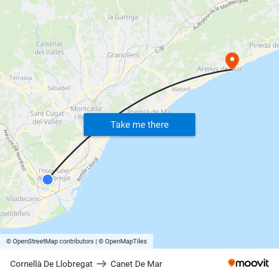 Cornellà De Llobregat to Canet De Mar map