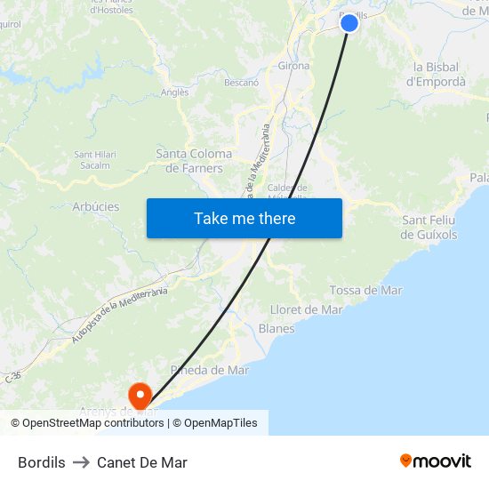 Bordils to Canet De Mar map