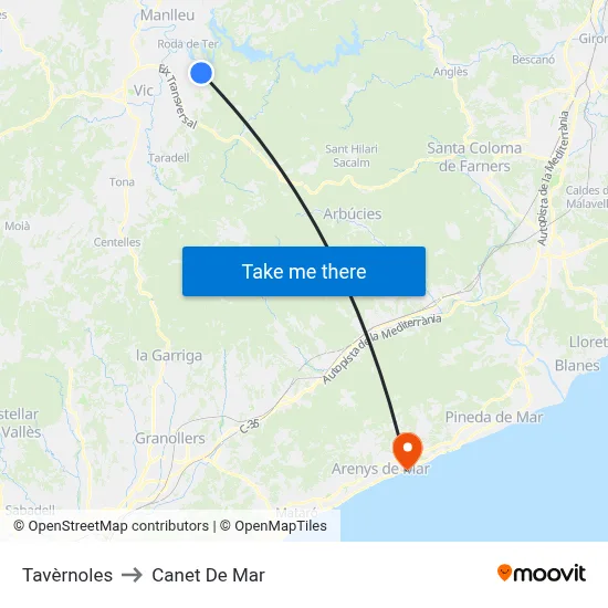 Tavèrnoles to Canet De Mar map