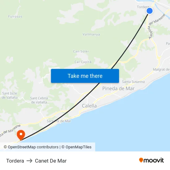 Tordera to Canet De Mar map