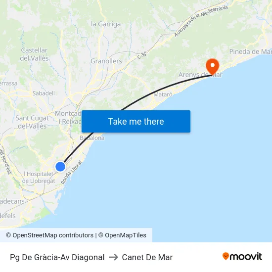 Pg De Gràcia-Av Diagonal to Canet De Mar map