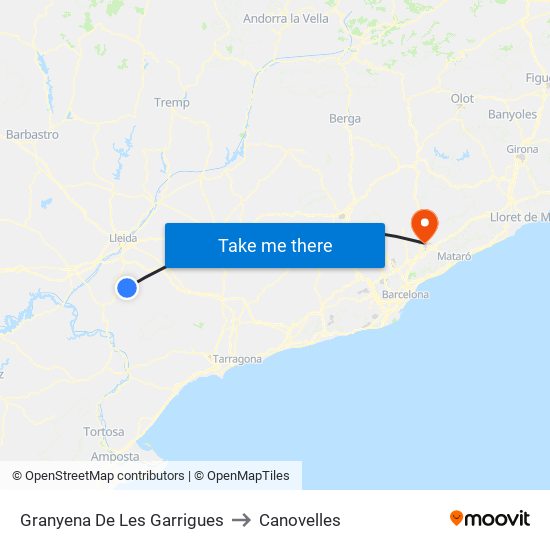 Granyena De Les Garrigues to Canovelles map