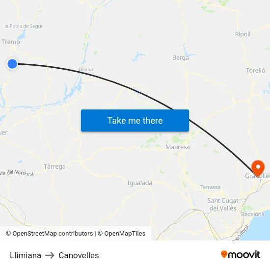 Llimiana to Canovelles map