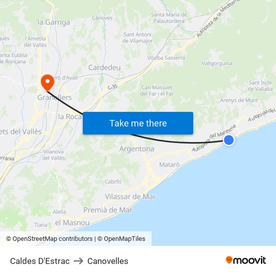 Caldes D'Estrac to Canovelles map