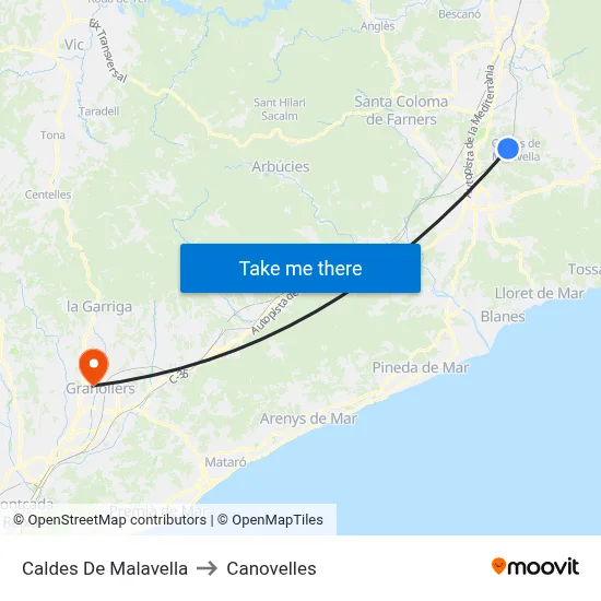 Caldes De Malavella to Canovelles map