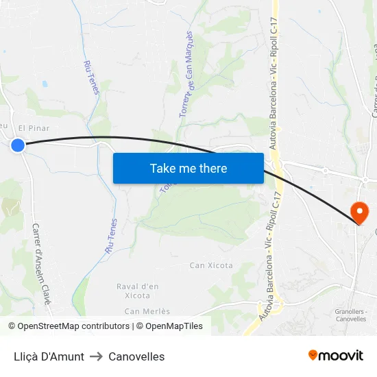 Lliçà D'Amunt to Canovelles map