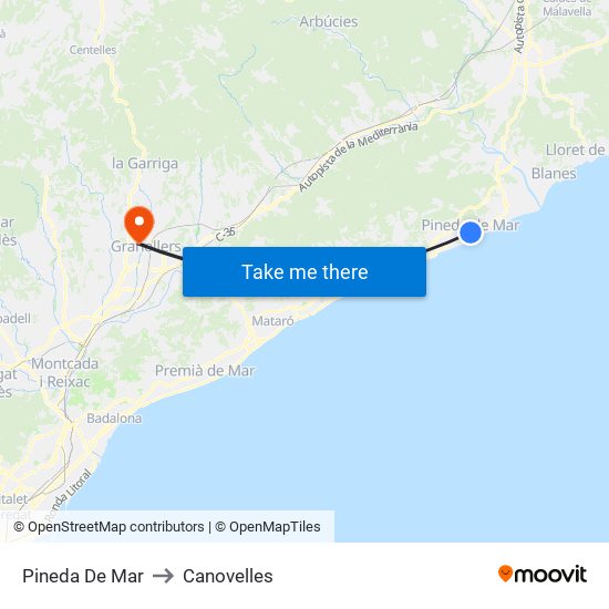 Pineda De Mar to Canovelles map