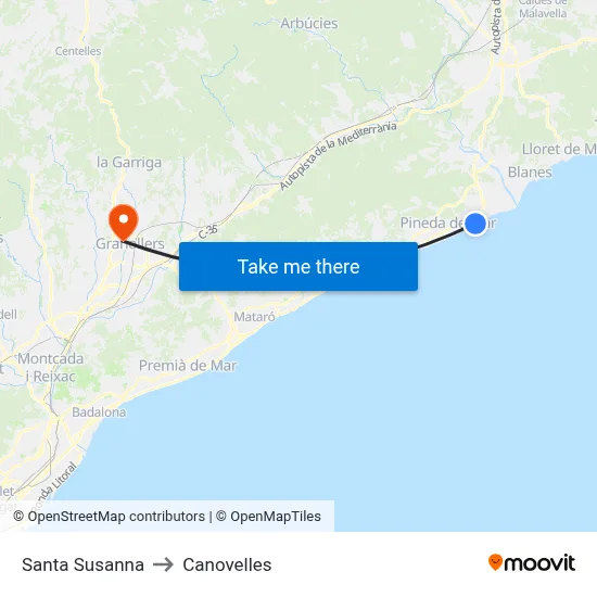 Santa Susanna to Canovelles map