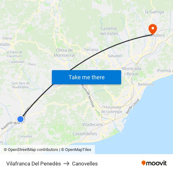 Vilafranca Del Penedès to Canovelles map