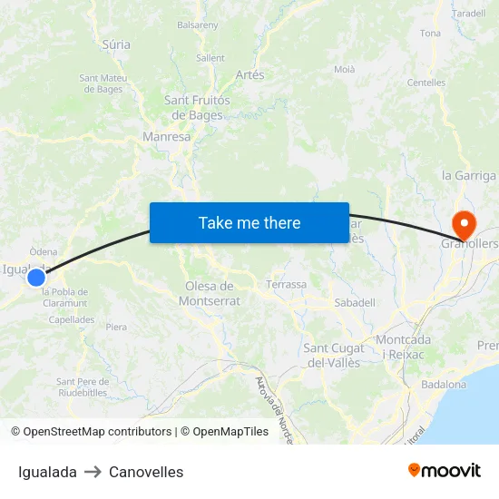 Igualada to Canovelles map