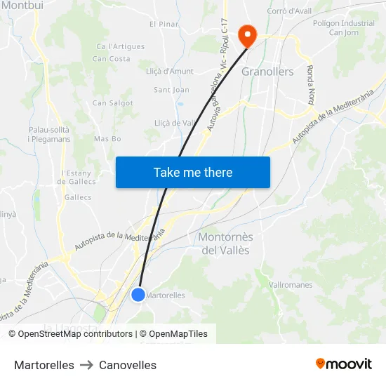 Martorelles to Canovelles map