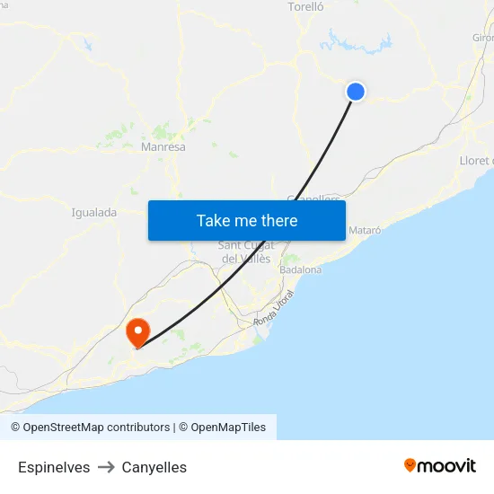 Espinelves to Canyelles map