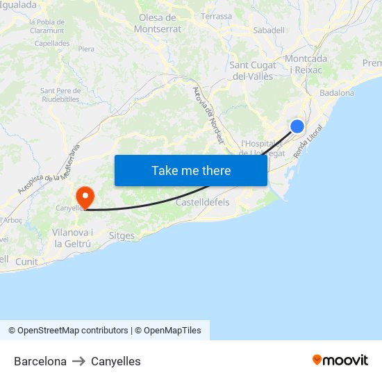 Barcelona to Canyelles map