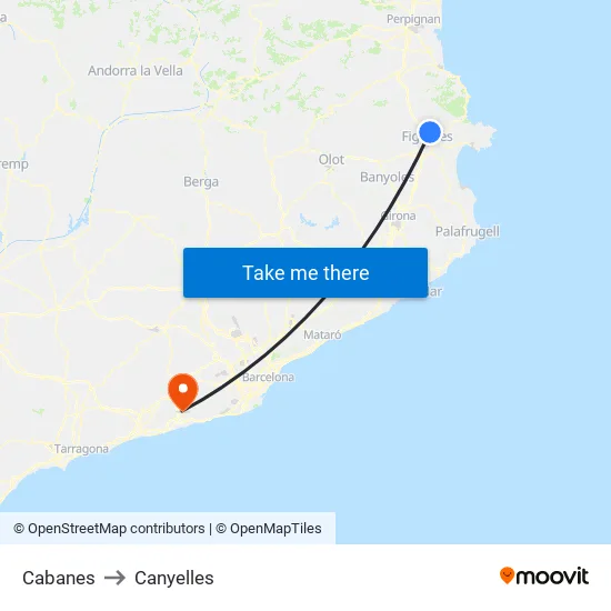 Cabanes to Canyelles map
