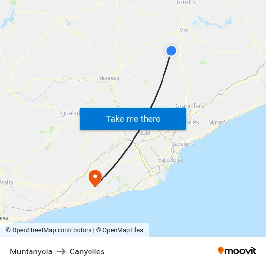 Muntanyola to Canyelles map