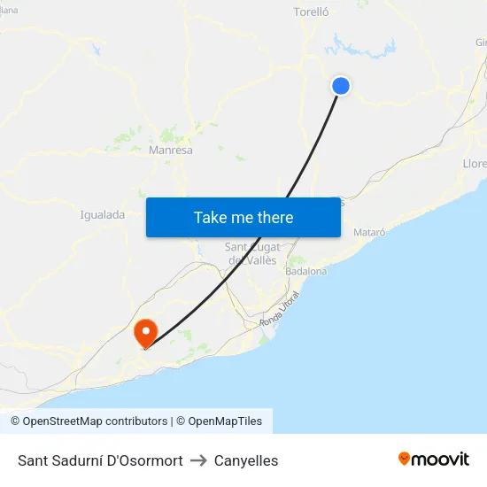 Sant Sadurní D'Osormort to Canyelles map