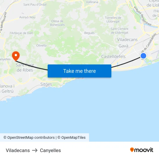 Viladecans to Canyelles map