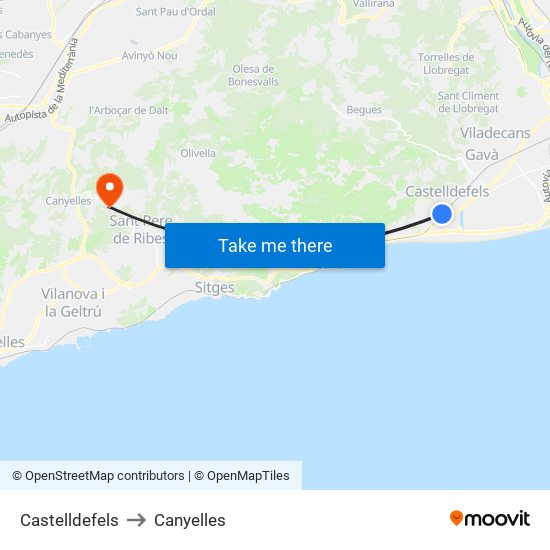 Castelldefels to Canyelles map