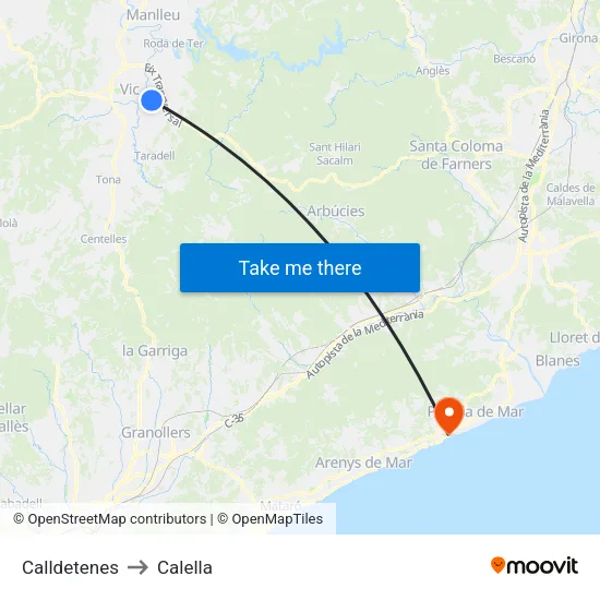 Calldetenes to Calella map