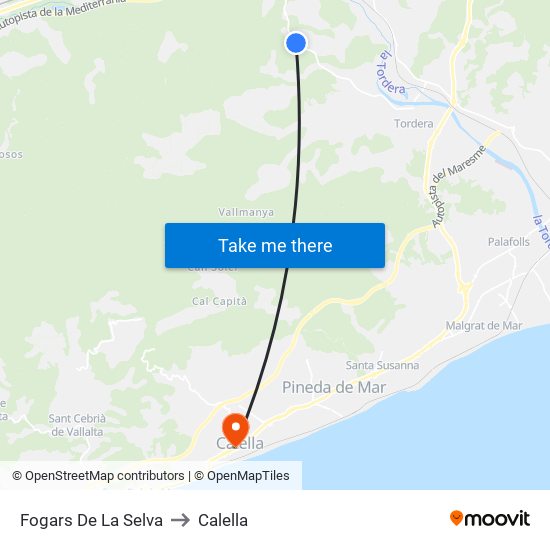 Fogars De La Selva to Calella map