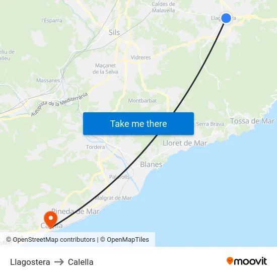 Llagostera to Calella map
