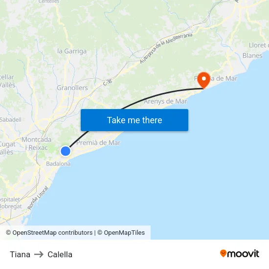 Tiana to Calella map