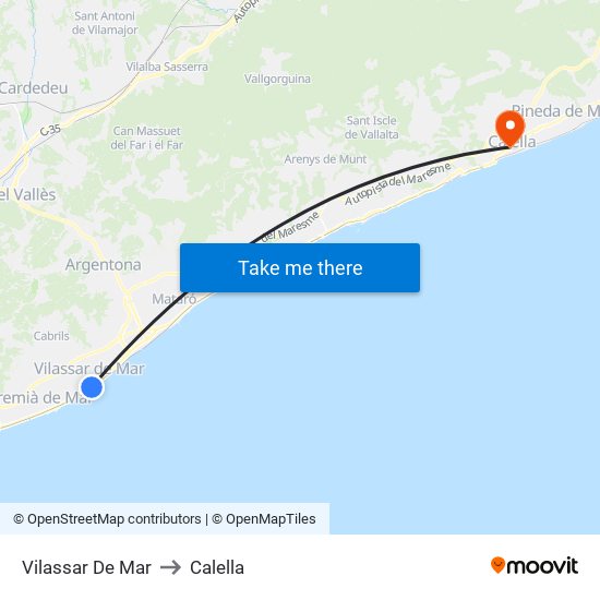 Vilassar De Mar to Calella map