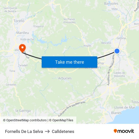 Fornells De La Selva to Calldetenes map