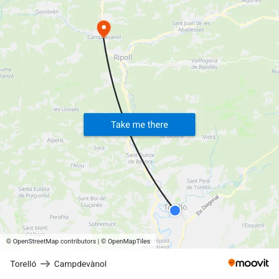 Torelló to Campdevànol map
