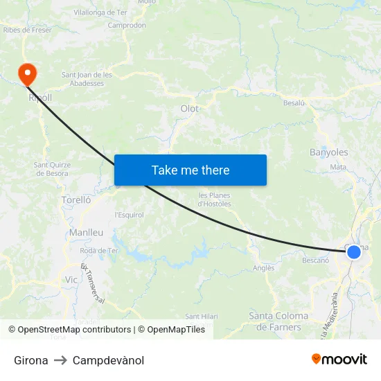 Girona to Campdevànol map