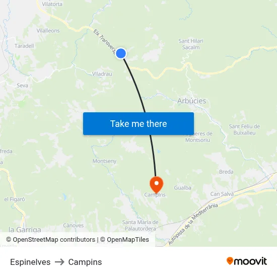 Espinelves to Campins map