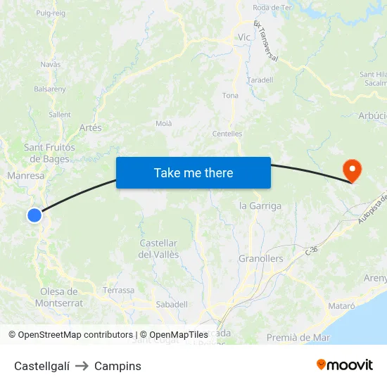 Castellgalí to Campins map