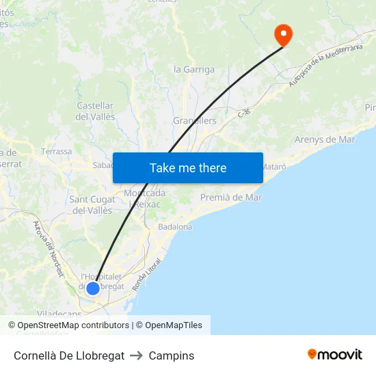 Cornellà De Llobregat to Campins map
