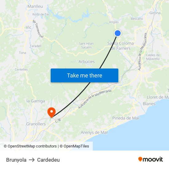 Brunyola to Cardedeu map