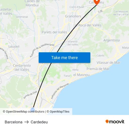 Barcelona to Cardedeu map