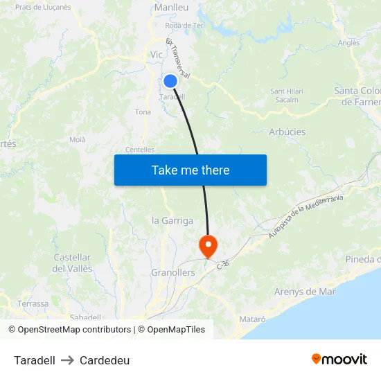 Taradell to Cardedeu map