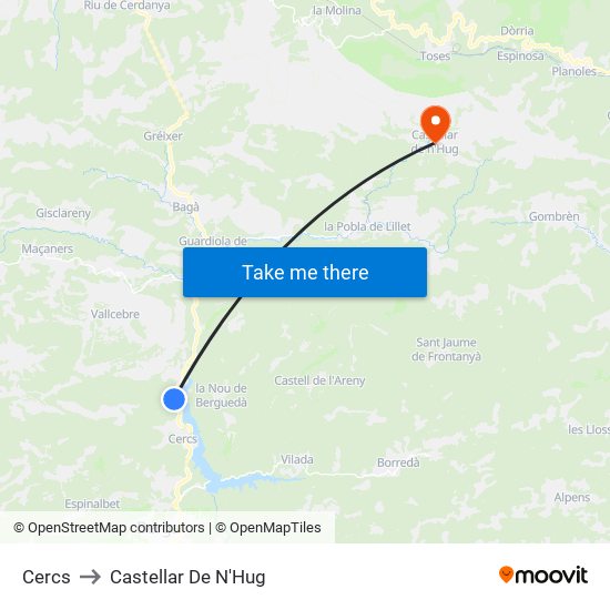 Cercs to Castellar De N'Hug map