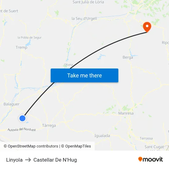 Linyola to Castellar De N'Hug map