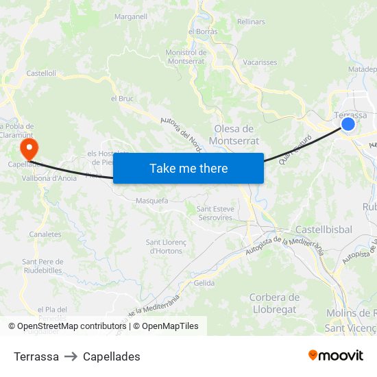 Terrassa to Capellades map