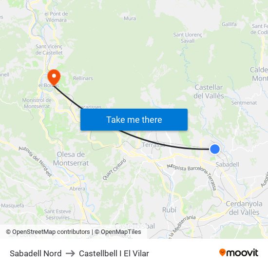 Sabadell Nord to Castellbell I El Vilar map