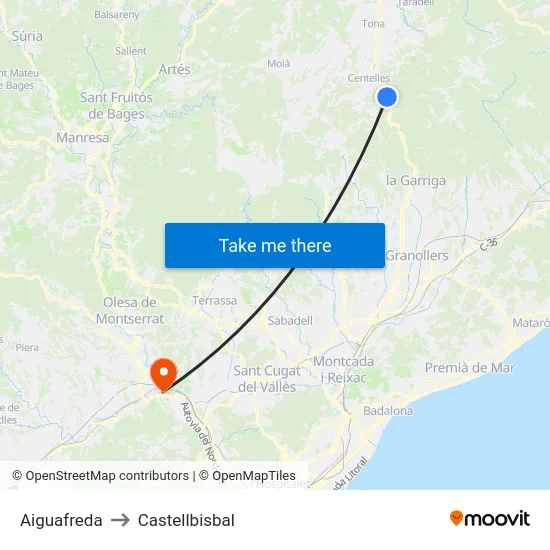 Aiguafreda to Castellbisbal map