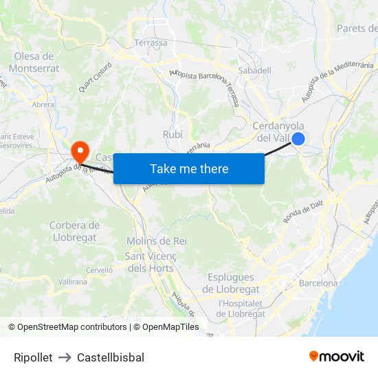 Ripollet to Castellbisbal map