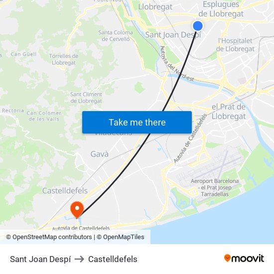 Sant Joan Despí to Castelldefels map