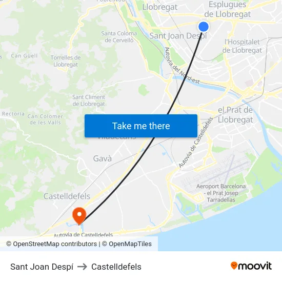 Sant Joan Despí to Castelldefels map