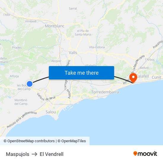 Maspujols to El Vendrell map