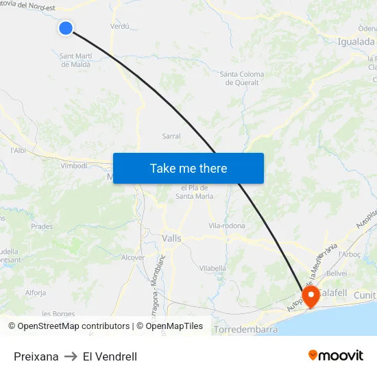 Preixana to El Vendrell map